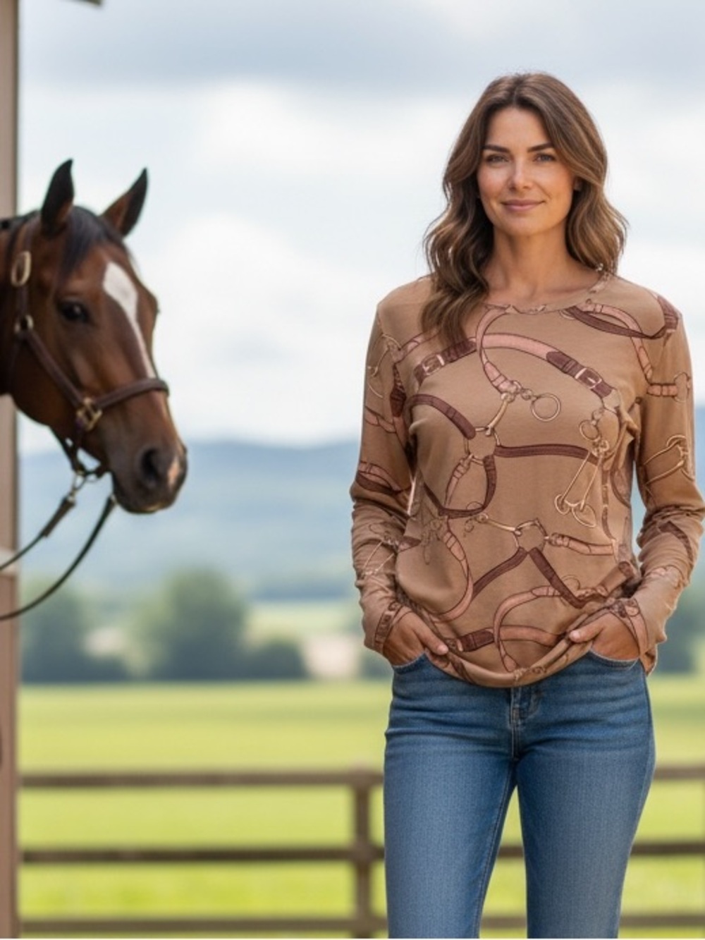 Lauren Ralph Lauren Equestrian Belting Print Cotton Stretch Long Sleeve Tee PL